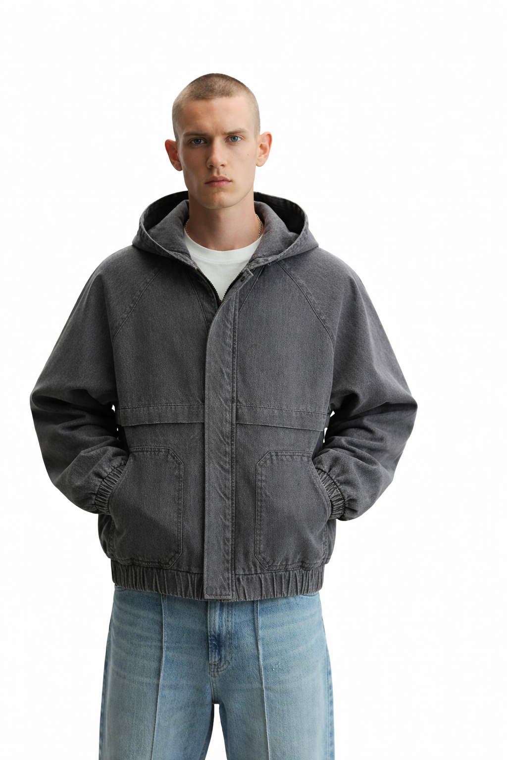 ZIP-UP HOODED DENIM JACKET